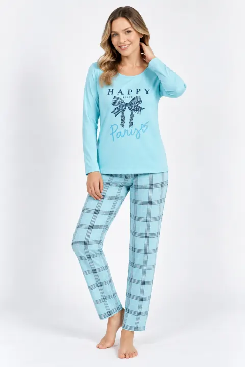 Pijama damă Big Size turcoaz cu fundiță și text „Happy Place”