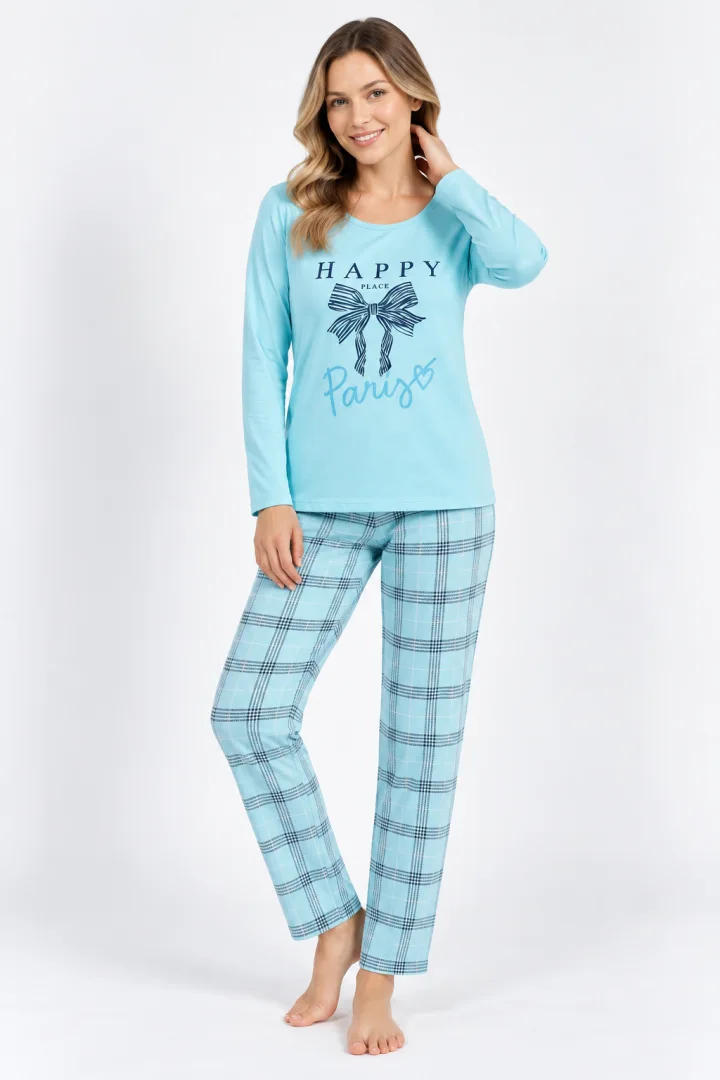 Pijama damă Big Size turcoaz cu fundiță și text „Happy Place”