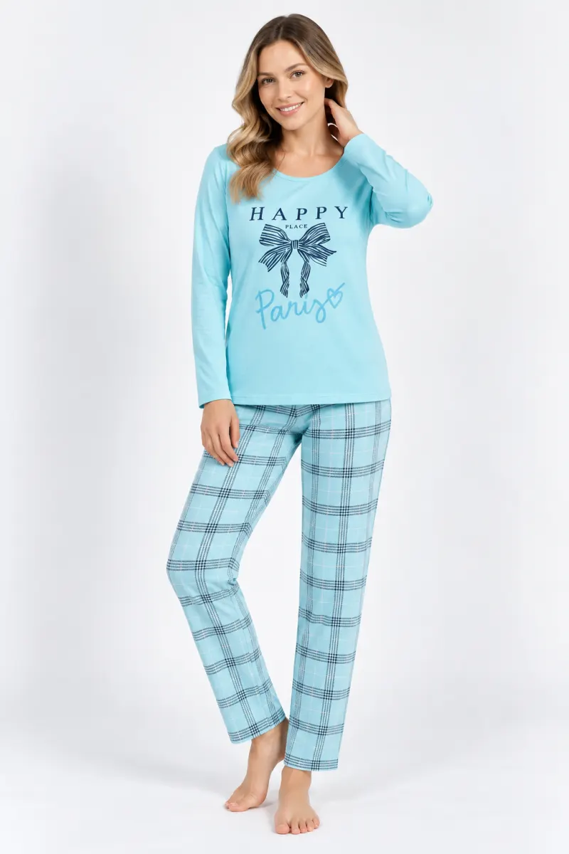 Pijama damă Big Size turcoaz cu fundiță și text „Happy Place”