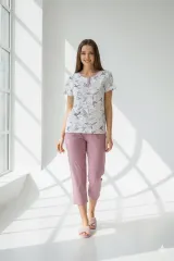 Pijama damă Freenight mov cu frunze, pantaloni 3/4