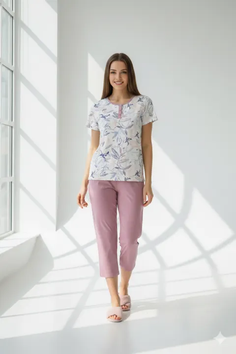 Pijama damă Freenight mov cu frunze, pantaloni 3/4