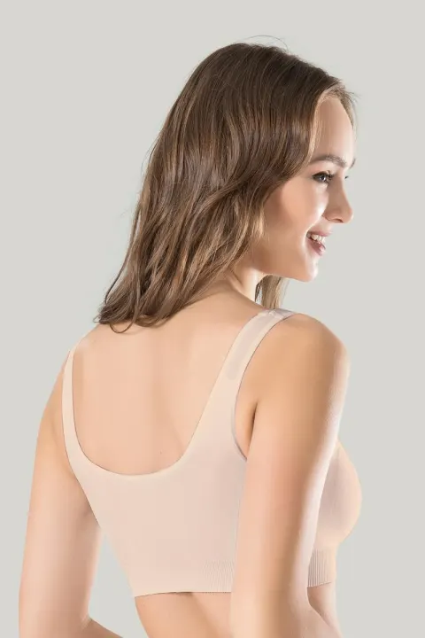 Bustieră damă Miss Fit elastică, cu bretele late, burete și design fără cusături, bej