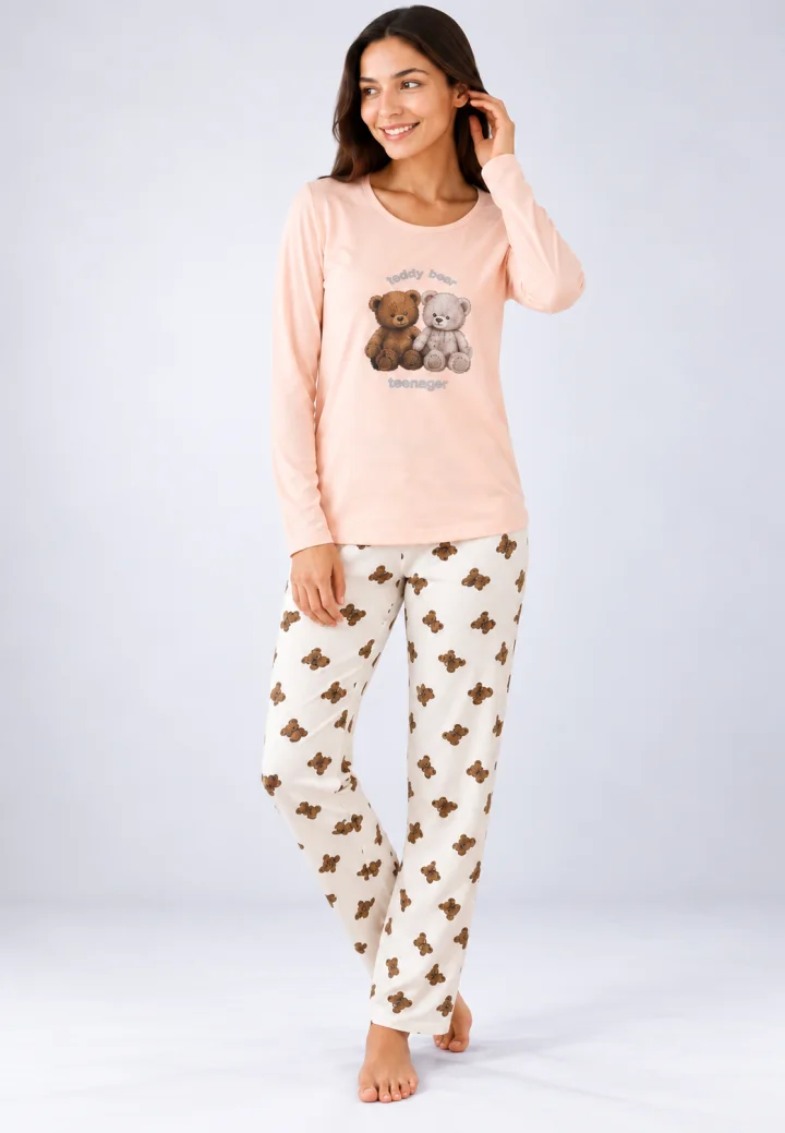 Pijama de dama roz pal cu maneca lunga si pantaloni lungi albi cu ursi