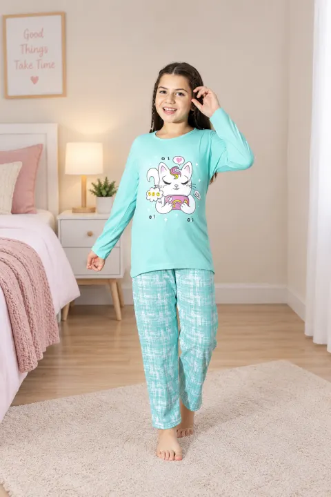 Pijama fetițe cu pisicuță, turcoaz