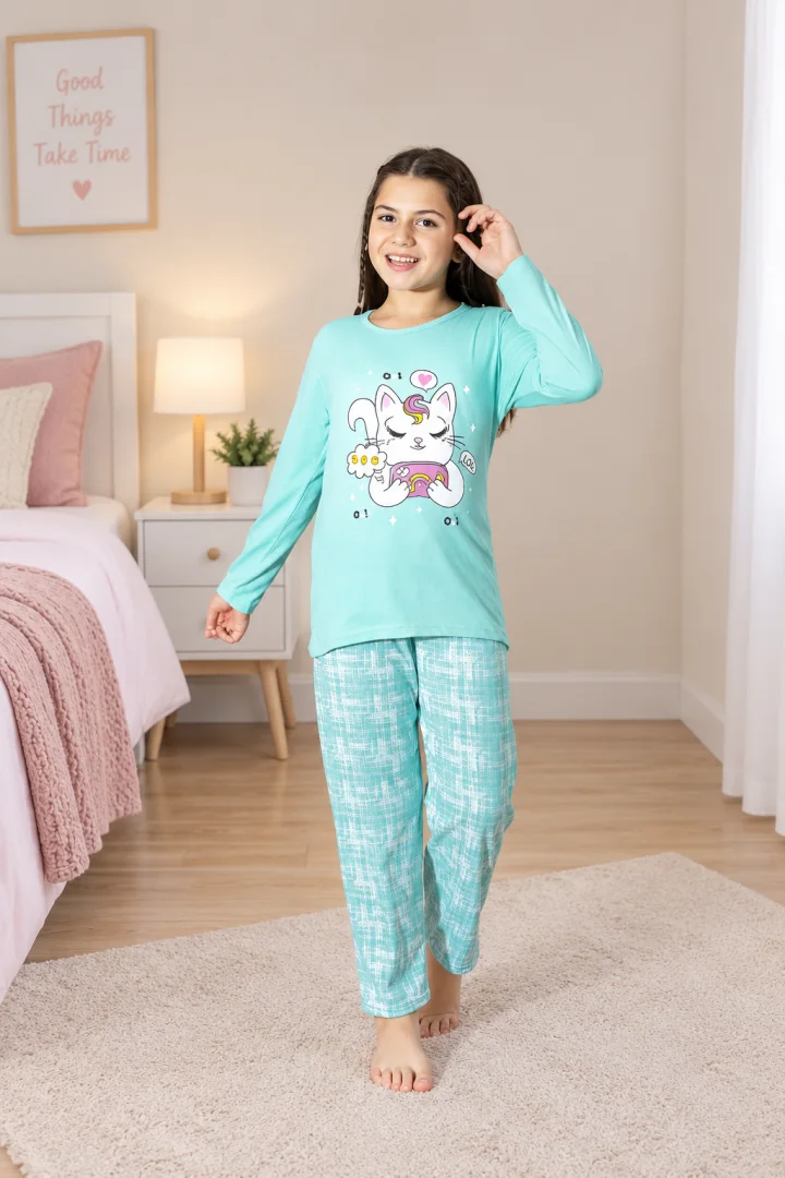 Pijama fetițe cu pisicuță, turcoaz