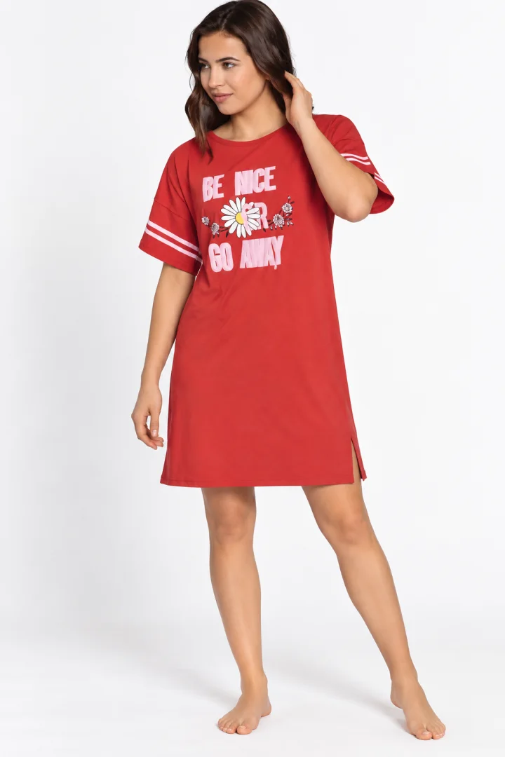 Rochie casual damă din bumbac 100%, cu mânecă scurtă și imprimeu „Be Nice”, roșu