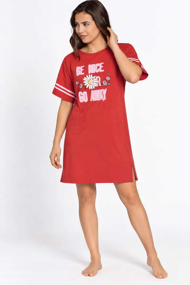 Rochie casual damă din bumbac 100%, cu mânecă scurtă și imprimeu „Be Nice”, roșu