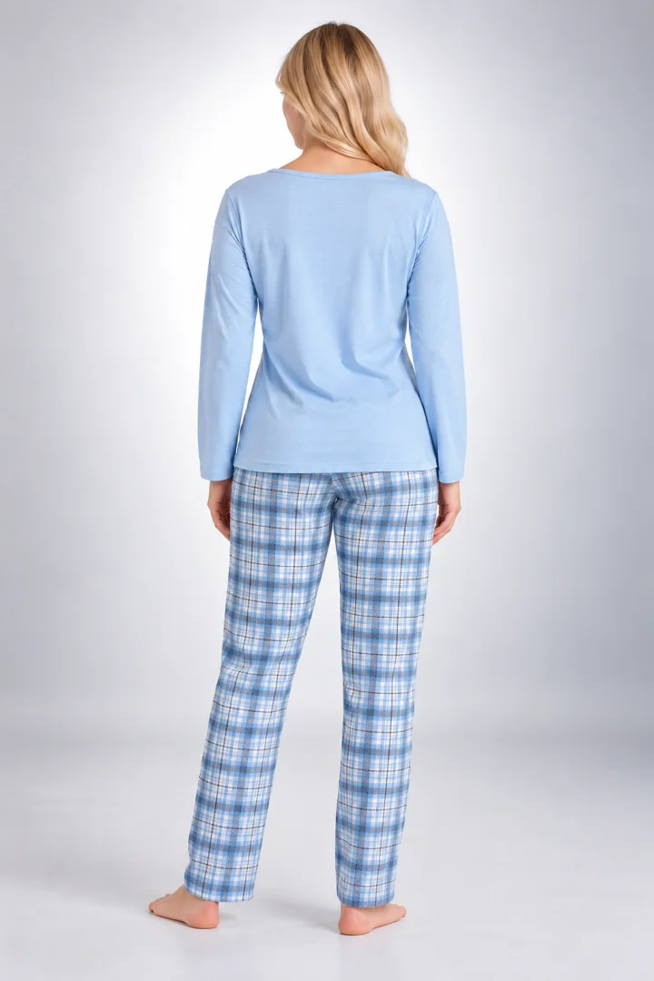 Pijama damă albastră, cu mânecă lungă și pantaloni lungi