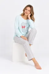 Pijama damă bleu cu imprimeu cu pisică