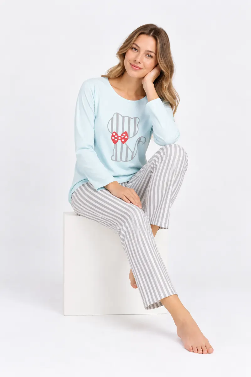 Pijama damă bleu cu imprimeu cu pisică