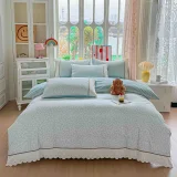 Lenjerie de Pat din 100% Bumbac cu Dantelă, 4 Piese, Cearșaf cu Elastic 180x200 cm
