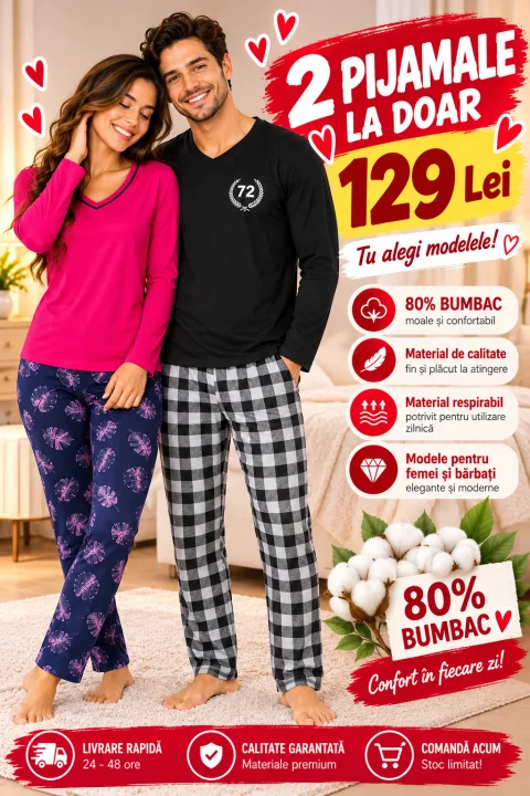 2 Pijamale Damă & Bărbați – Doar 129 Lei | Combină Modelele și Mărimile