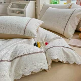 Lenjerie de Pat din 100% Bumbac cu Dantelă, 4 Piese, Cearșaf cu Elastic 180x200 cm