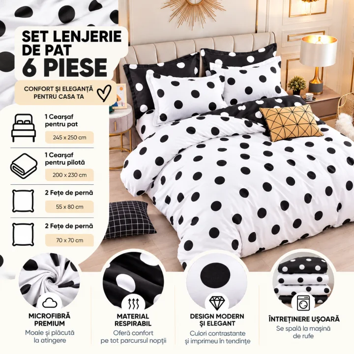 Set Lenjerie de Pat Dublu din Microfibră Premium, 6 Piese, Cearșaf 245x250 cm