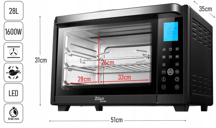 Cuptor Electric 28L, 1600W, cu Convecție, Display Digital, Temperatură Reglabilă 100–230°C, Timer 60 Minute și Programe de Gătit