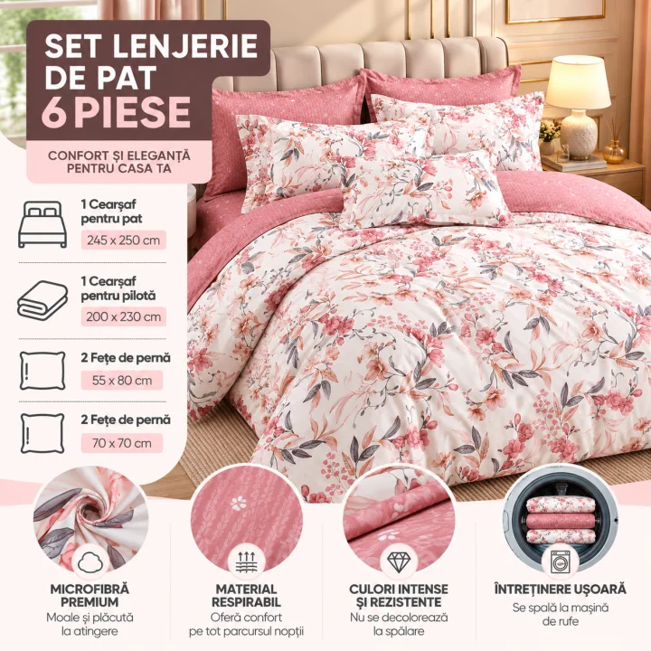 Set Lenjerie de Pat Dublu din Microfibră Premium, 6 Piese, Cearșaf 245x250 cm