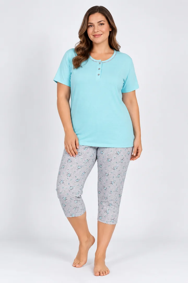 Pijamale Damă, Mâneca Scurtă Pantaloni 3/4, Turcoaz