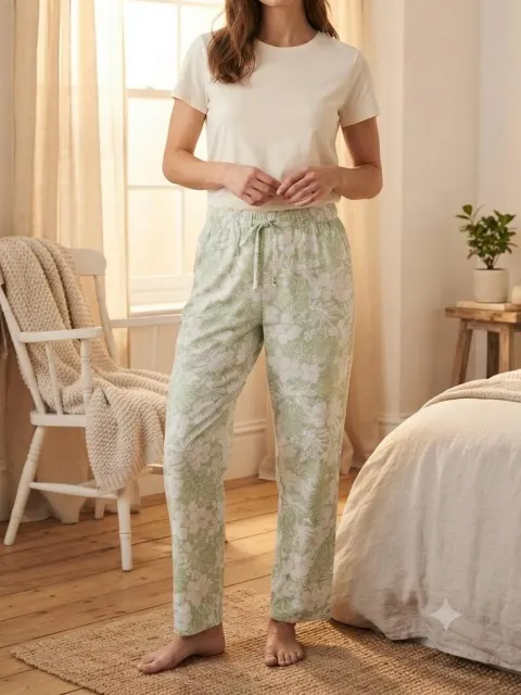 Pantaloni de pijama de dama alb cu verde