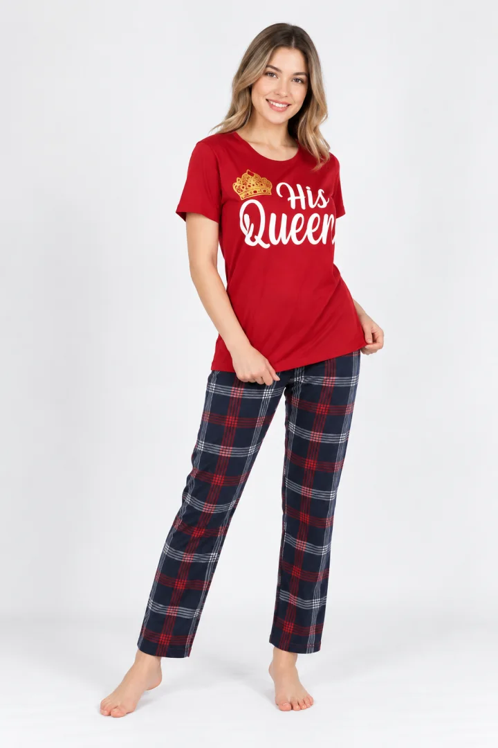 Pijama dama din bumbac, tricou cu imprimeu ,,His Queen''