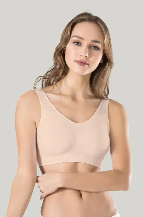 Bustieră damă Miss Fit elastică, cu bretele late, burete și design fără cusături, bej