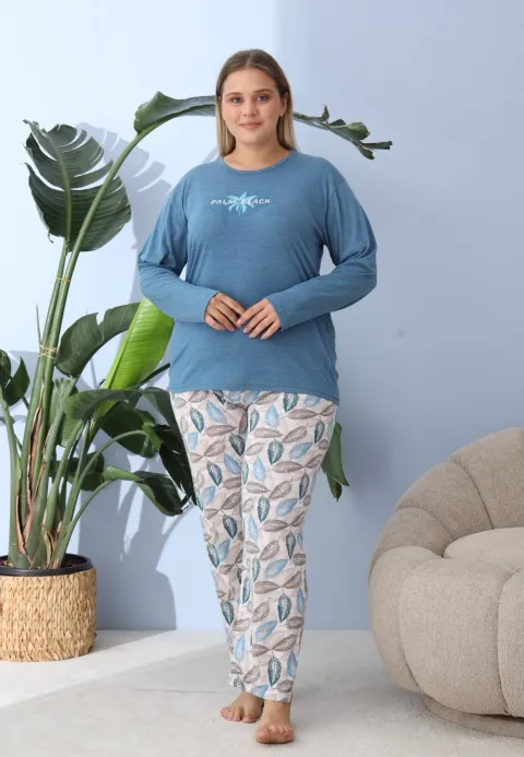 Pijama damă Big Size albastră „Palm Beach” din bumbac