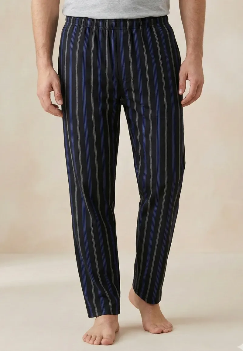 Pantaloni lungi de pijama bărbătești culoare negru imprimeu dungi alb cu rosu