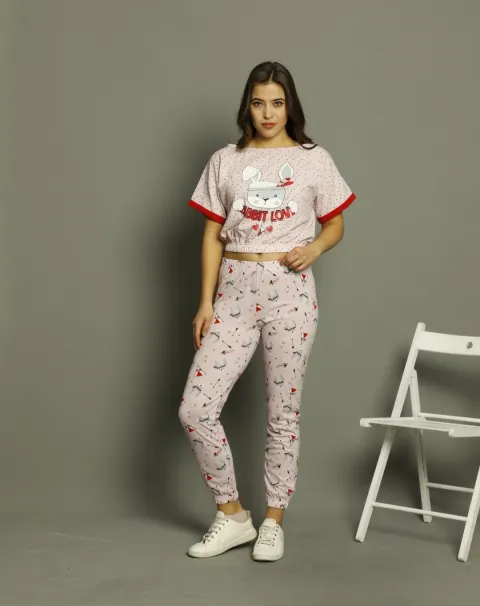 Pijama damă din bumbac „Rabbit Love” cu mânecă scurtă