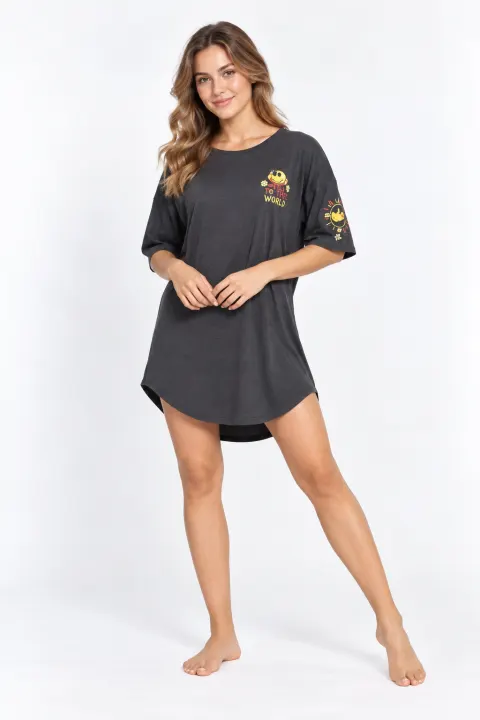 Rochie de casă Vienetta din bumbac, cu mânecă 3/4 și imprimeu „Smile to the World”, negru