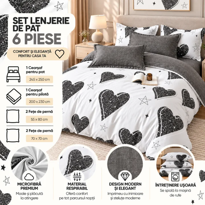 Set Lenjerie de Pat Dublu din Microfibră Premium, 6 Piese, Cearșaf 245x250 cm