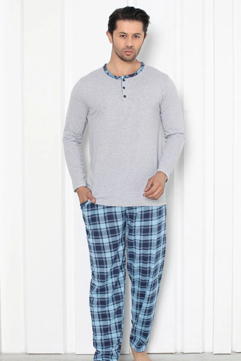 Pijama pentru bărbați gri, 100% bumbac, carouri
