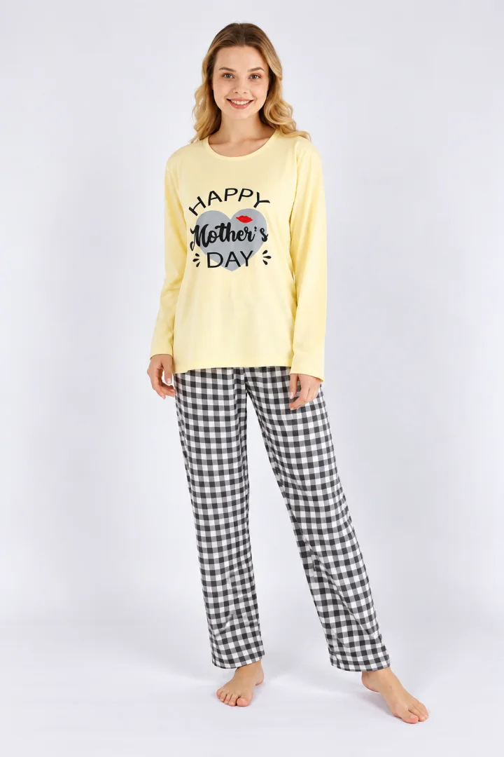 Pijama damă, mânecă lungă, pantaloni lungi, imprimeu Happy Mother's Day
