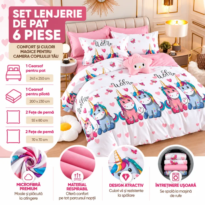Set Lenjerie de Pat Dublu din Microfibră Premium, 6 Piese, Cearșaf 245x250 cm