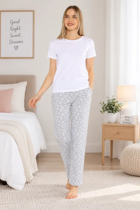 Pijama damă Arnetta alb-gri cu imprimeu floral