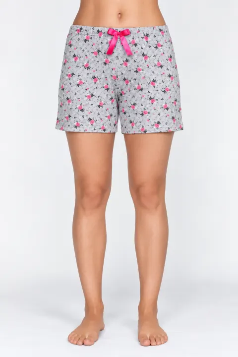 Short damă pijama gri, imprimeu flori roz