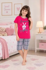 Pijama fetițe cu tricou și pantaloni 3/4 – „Love Is Everything”, roz închis