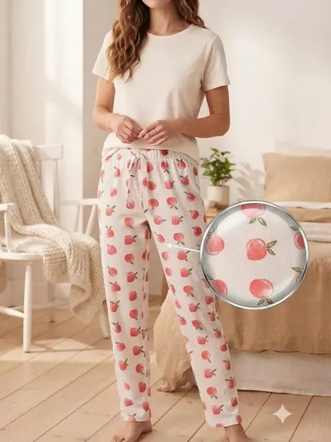 Pantaloni de pijama de dama alb cu mere