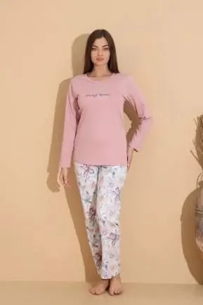 Pijama damă roz pal, bluză „You Tight Forever” și pantaloni cu imprimeu floral