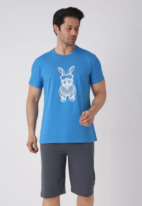 Pijama bărbați Paște, Albastru – tricou și pantaloni 3/4