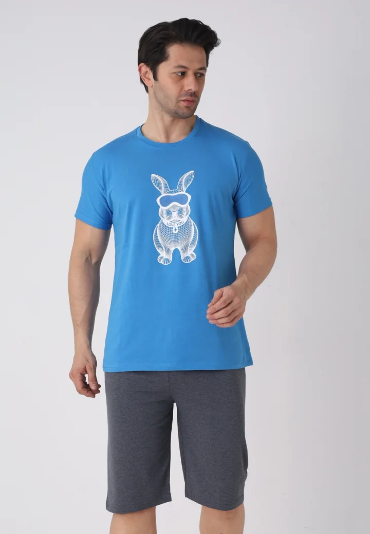 Pijama bărbați Paște, Albastru – tricou și pantaloni 3/4