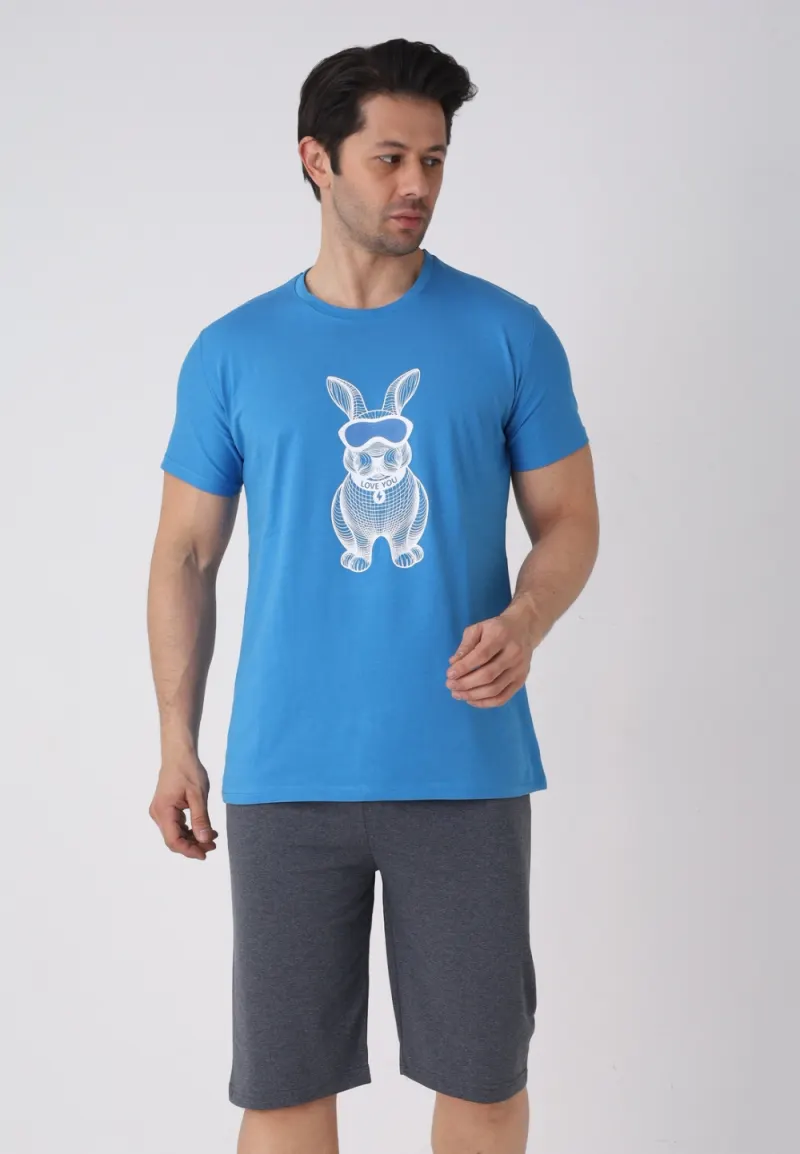 Pijama bărbați Paște, Albastru – tricou și pantaloni 3/4