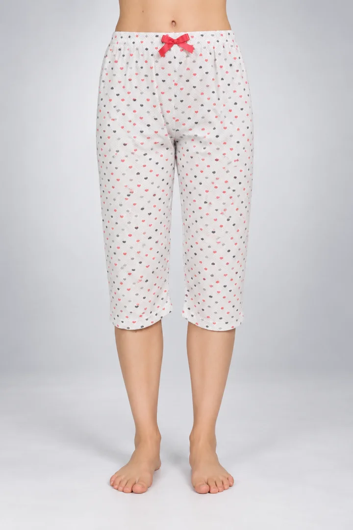 Pantaloni pijama damă 3/4, alb, imprimeu inimi