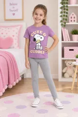 Pijama fetițe din bumbac „Cute & Cuddly” – tricou mov și pantaloni lungi gri