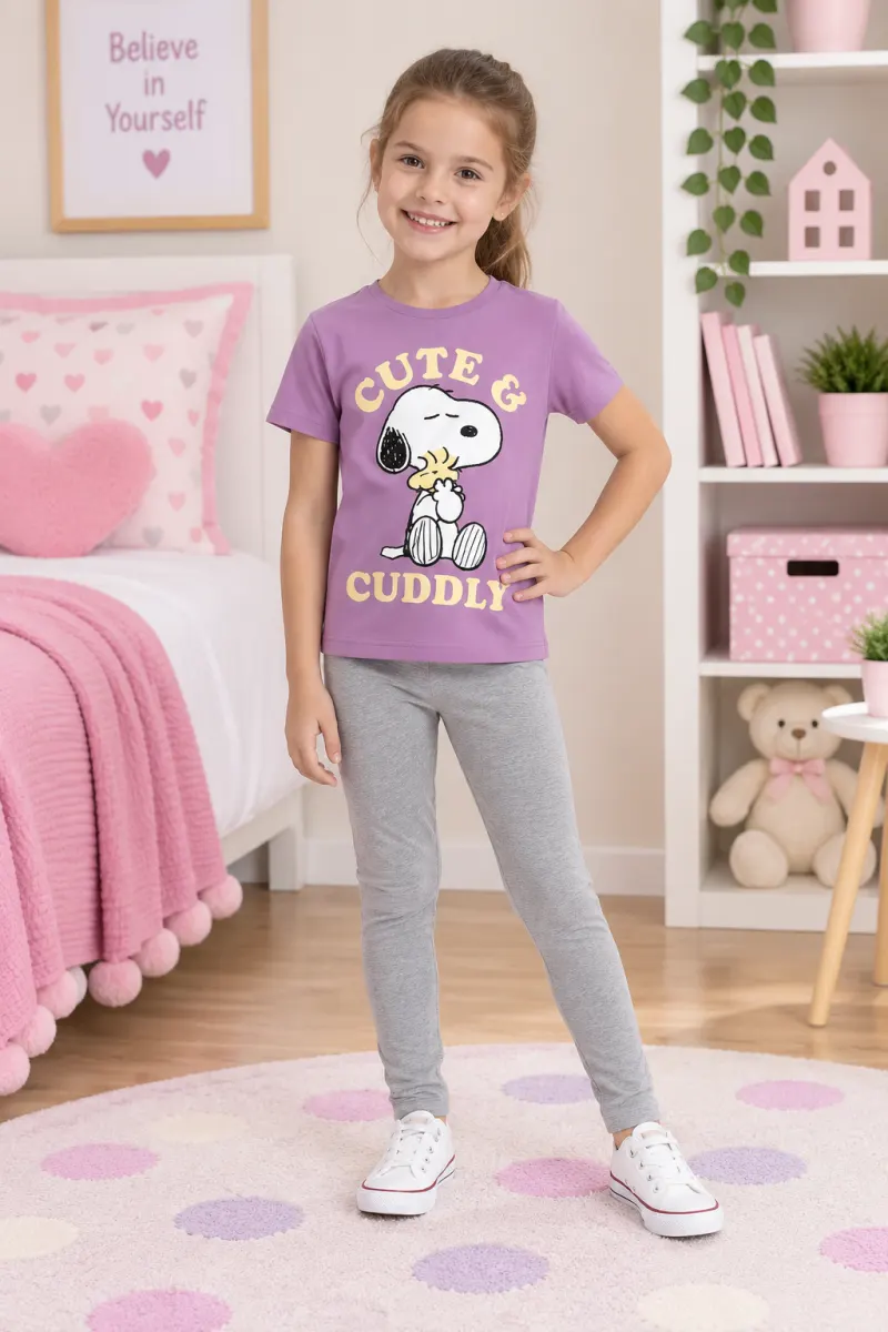 Pijama fetițe din bumbac „Cute & Cuddly” – tricou mov și pantaloni lungi gri