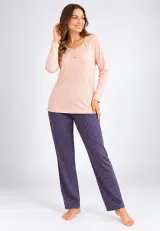 Pijama de dama roz deschis cu maneca lunga si pantaloni lungi gri cu buline