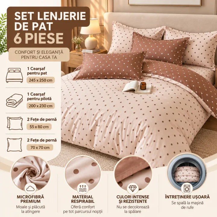Set Lenjerie de Pat Dublu din Microfibră Premium, 6 Piese, Cearșaf 245x250 cm