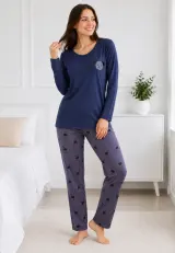 Pijama de dama blumarin cu maneca lunga si pantaloni lungi gri cu catelus