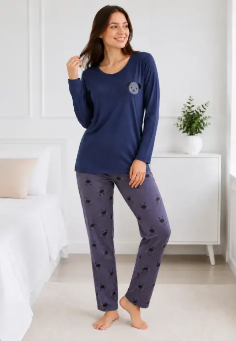 Pijama de dama blumarin cu maneca lunga si pantaloni lungi gri cu catelus