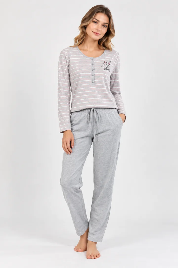 Pijamale damă cu  imprimeu Little Bunny, gri/roz