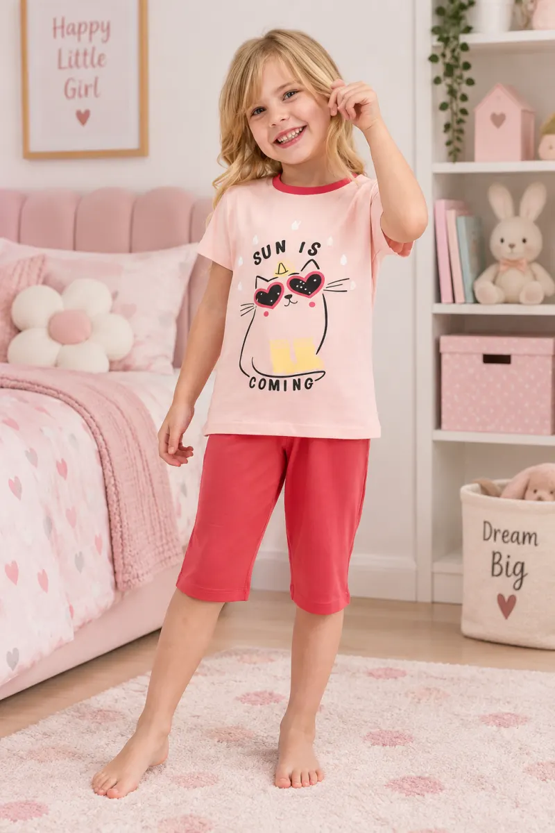 Pijama fetițe din bumbac cu tricou și pantaloni 3/4 – „Sun Is Coming”, roz pudrat