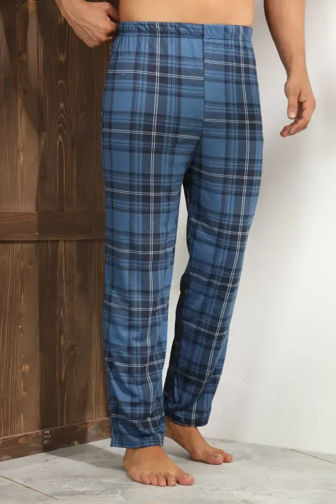 Pantaloni pijama bărbați albastru închis cu carouri albe și negre